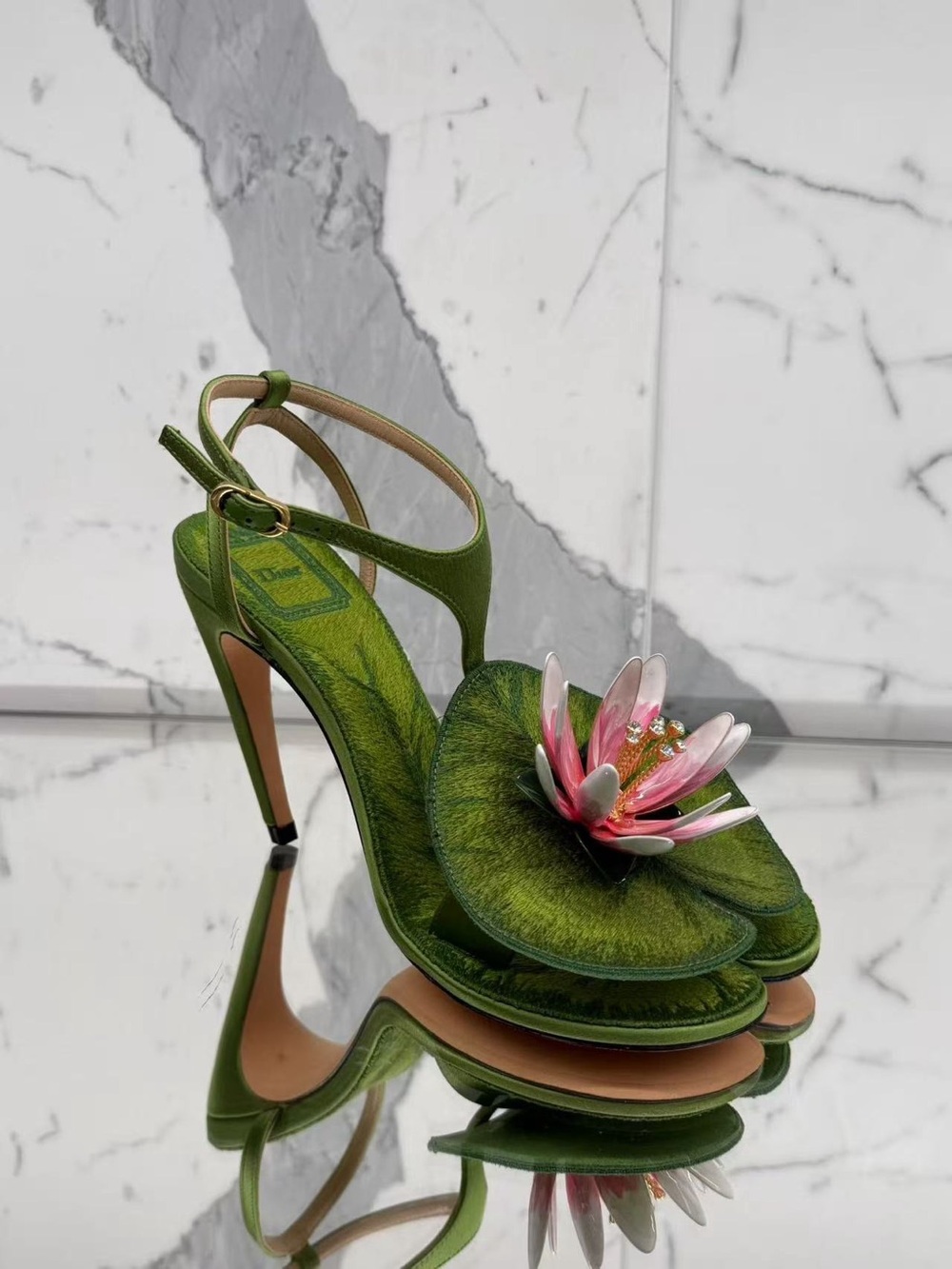 Dior Green Floral Embellished High Heel Sandals with Pink Flower